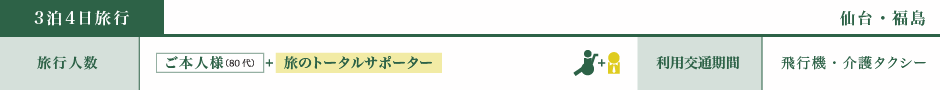 3泊4日旅、仙台・福島、ご本人様＋旅のトータルサポーター、飛行機・介護タクシー利用